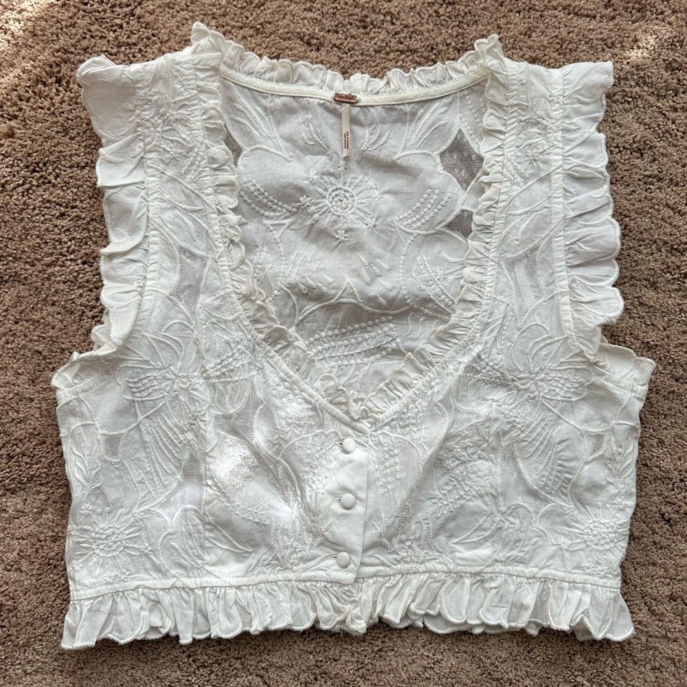 Free People White Embroidered Sleeveless Top